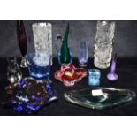 A GROUP OF ASORTED ART GLASS VASES AND BOWLS including Sklo Union and other Czech glass, Bohemian