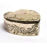 A GERMAN 800 SILVER HEART SHAPED MINIATURE BOX The hinged lid with embossed country scene of a flute