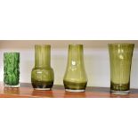 FOUR SCANDINAVIAN AND OTHER GREEN ART GLASS VASES including a Whitefriars bark vase 15cm high