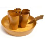 A MID-CENTURY DESIGN WOODEN TRAY AND FIVE MATCHING BEAKERS possibly Scandinavian