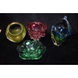 FOUR ART GLASS VASES/BOWLS including a green glass Kosta Boda bowl 22cm diameter Condition