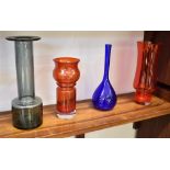 FOUR SCANDINAVIAN ART GLASS VASES including Otto Brauer for Holmegaard, a pewter Gulvvase 28cm high,