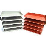 FOUR BISLEY FIVE-TIER METAL FILING TRAYS in red, grey, black and brown Condition Report :