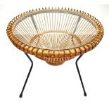 FRANCO ALBINI: A MID TWENTIETH CENTURY RATTAN AND WROUGHT IRON COFFEE TABLE, the glass inset