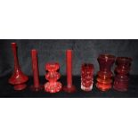 A GROUP OF SCANDINVIAN AND OTHER RED ART GLASS VASES including Alsterfors style hooped vase 18.5cm