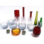 A GROUP OF ASSORTED WHITEFRIARS GLASS including a ruby red bark vase 19cm high, triform vase shape