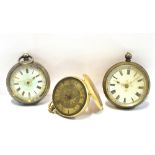 THREE SMALL POCKET WATCHES Comprising an 18ct gold outer cased watch 32mm (glass missing); and two