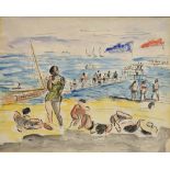 20TH CENTURY SCHOOL Figures on a beach Ink and watercolour Bourlet Frames label verso 26.5cm x