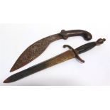 MILITARIA - A NORTH EUROPEAN HUNTING KNIFE the 26cm fullered straight steel blade with a brass hilt,