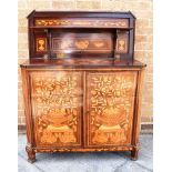 A MARQUETRY SIDE CABINET, the top with a collapsible raised back above a pair of doors opening to