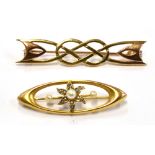 TWO GOLD BROOCHES Comprising an elliptical shaped 14ct gold small black and white pearl set,