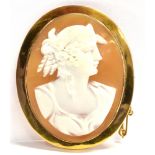 A C1900 9CT ROSE CAMEO BROOCH The oval shell cameo of a classical profile 5 cms long stamped 9ct,