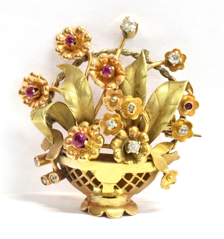 A FRENCH C1950'S 18CT THREE COLOUR GOLD BASKET SPRAY BROOCH Set with diamonds and rubies (rubies