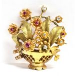 A FRENCH C1950'S 18CT THREE COLOUR GOLD BASKET SPRAY BROOCH Set with diamonds and rubies (rubies