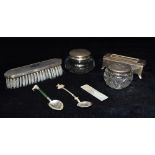 SIX SMALL SILVERWARE ITEMS To include a small casket gaming token box with mother of pearl gaming