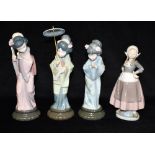 FOUR LLADRO FIGURES: three modelled as Geisha, the fourth a Dutch girl, the tallest 32cm high