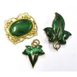 THREE ITEMS OF MALACHITE JEWELLERY Comprising a yellow metal oval (unmarked); a yellow metal