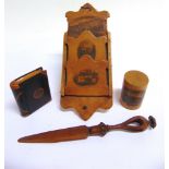 ASSORTED TREEN comprising a Mauchline ware letter rack (Rothbury / Cragside / Cherry Tree Cottage,