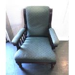 MAHOGANY FRAMED ARMCHAIR, with dark green upholstery, 90cm high