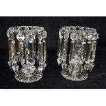 A PAIR OF CLEAR GLASS TABLE LUSTRES each with twelve drops, 18cm high overall