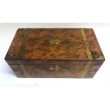 VICTORIAN WALNUT AND BRASS BOUND WRITING SLOPE, the hinged top opening to reveal a fitted