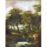 19TH CENTURY SCHOOL Figures in a woodland landscape, with river and waterfall Oil on canvas 88cm x