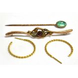 TWO ITEMS OF 9CT GOLD JEWELLERY comprising a garnet set bar brooch and a pair of half hoop earrings,