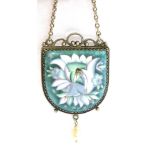 A SILVER AND ENAMELLED 20TH CENTURY SILVER PENDANT The shield shape painted enamel scene of