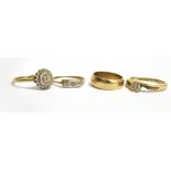 FOUR SMALL DIAMOND ILLUSION SET 9CT GOLD RINGS comprising a diamond and multi-tier cluster, size