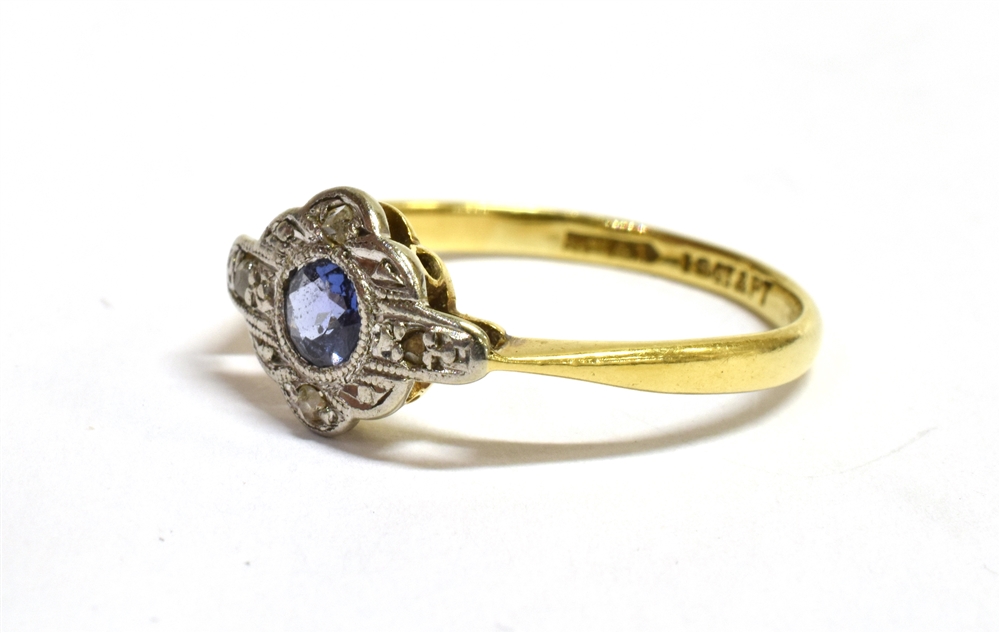 AN ART DECO SMALL SAPPHIRE AND DIAMOND SET CLUSTER RING The small central round cut sapphire with - Image 3 of 3