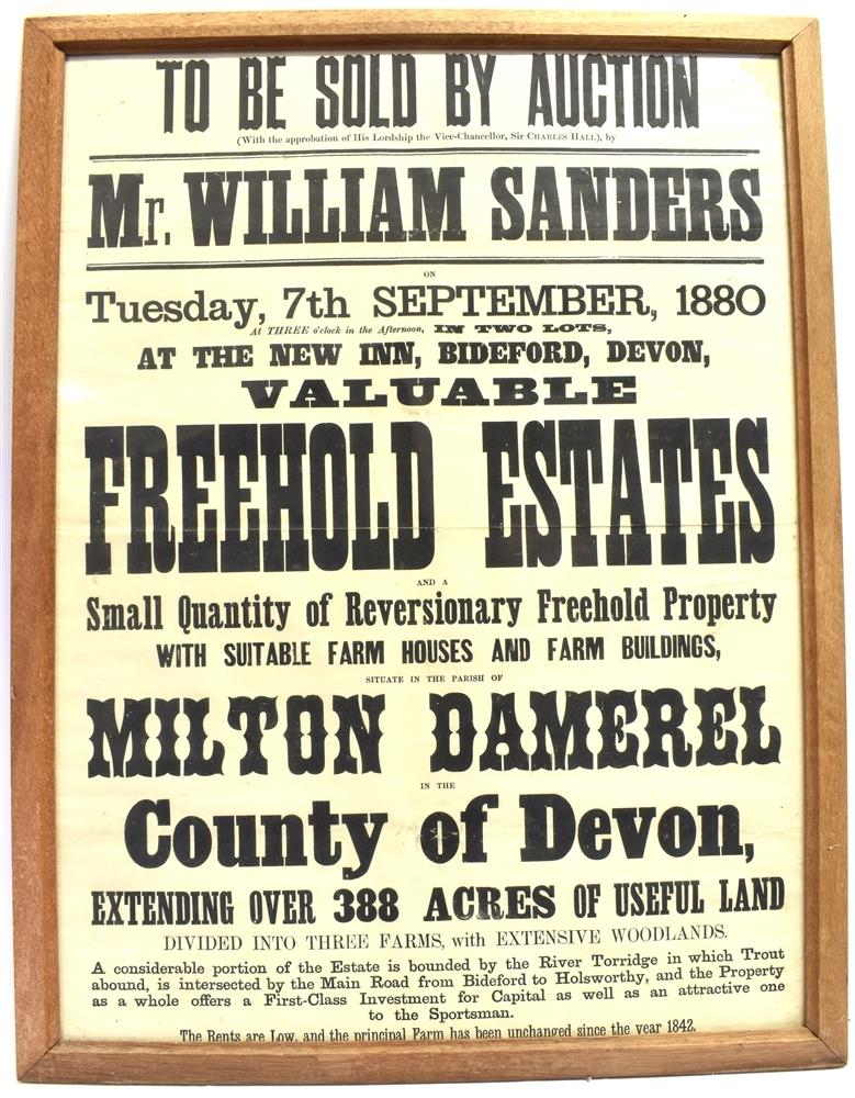 A LATE 19TH CENTURY AUCTION SALE POSTER dated 1880, for property in the parish of Milton Damerel,