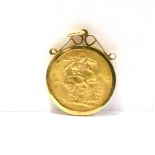 A GOLD FULL SOVERIGN PENDANT The sovereign date 1912 in a 9ct gold plain bezel mount with scroll