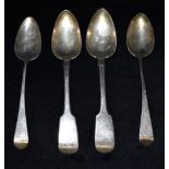 FOUR GEORGIAN SILVER TABLE SPOONS comprising a pair of Exeter marked fiddle pattern spoons and a