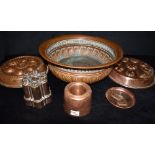 A COLLECTION OF COPPER WARE including a Benham & Froude turret jelly mould 13cm high, another