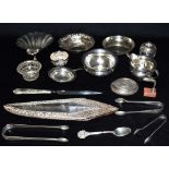 FOURTEEN ASSORTED ITEMS OF SILVERWARE To include Georgian bright cut sugar tongs; a bo- bon dish;