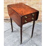 MAHOGANY DROP FLAP SIDE TABLE, with two drawers to one side and faux drawers, raised on circular