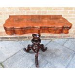 VICTORIAN MAHOGANY FOLDOVER CARD TABLE, raised on a central column to tripod base, 77cm x 88cm x