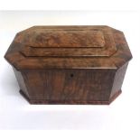 WALNUT HEXAGONAL BOX, the hinged lid opening to reveal three separate fitted compartments each