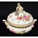 A LARGE BERLIN PORCELAIN LIDDED BOWL with floral painted decoration and osier moulded border, the