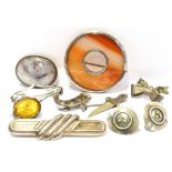 SEVEN SILVER BROOCHES And a pair of silver earrings to include a Victorian small dagger and sheath