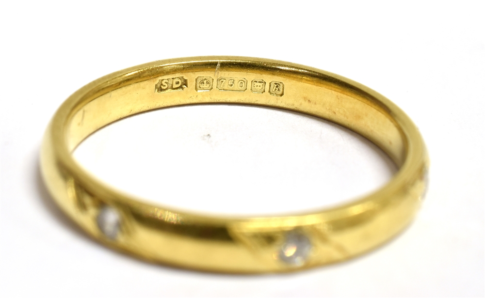 A HALLMARKED 18CT GOLD DIAMOND SET WEDDING BAND The D profile band 3mm wide bead set with three - Image 2 of 2