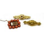 THREE VICTORIAN BROOCHES Comprising two 9ct gold seed pearl set Etruscan style bar brooches both