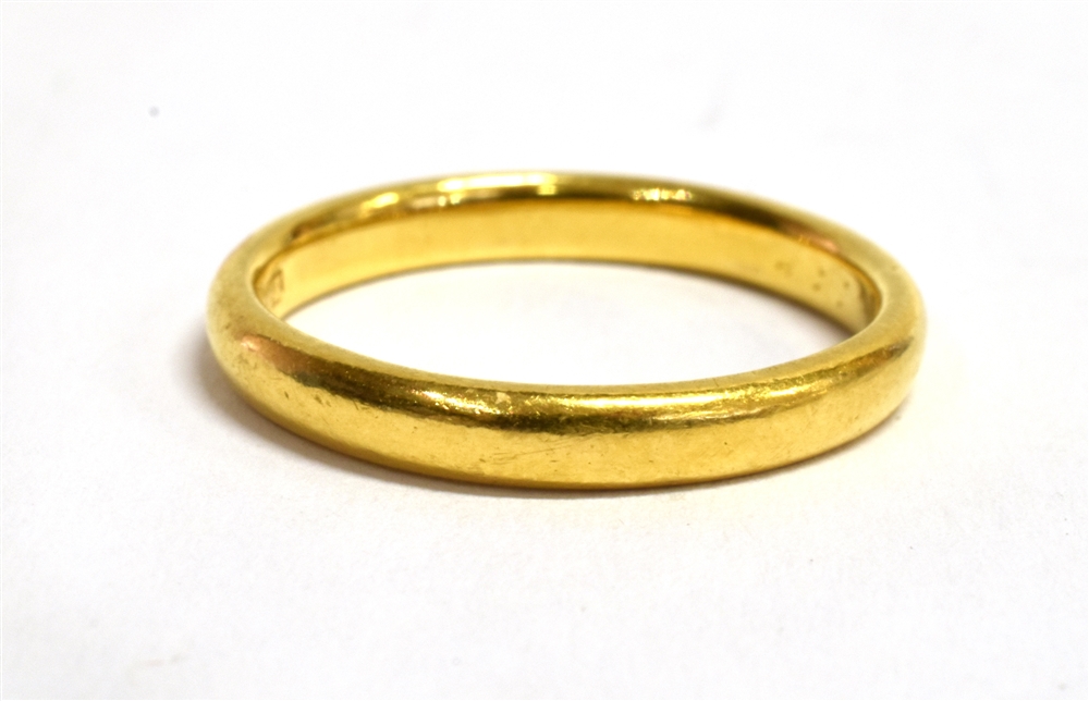 A 22CT GOLD PLAIN WEDDING BAND Of D profile, 3mm wide, size N, gross weight approx. 3.7 grams