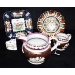 A MIXED COLLECTION OF CERAMICS comprising two Victorian lustre jugs 13cm and 9cm high; A Booths