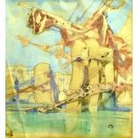 MANNER OF FRANK BRANGWYN Harbour scene with structures, boats and rigging Pencil and watercolour