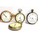 FOUR POCKET WATCHES comprising a silver open face, a gold plated full hunter, the movement marked