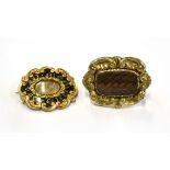 TWO ITEMS OF VICTORIAN MOURNING JEWELLERY Comprising an 'In Memory' black enamelled brooch with hair