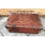 TEAK AND METAL BOUND CAMPHORWOOD TRUNK, raised on casters, 64cm x 120cm x 61cm