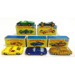 FIVE MATCHBOX 1-75 SERIES DIECAST MODEL CARS comprising a No.14, Iso Grifo, metallic dark blue,