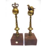 TWO WEST COUNTRY FRIENDLY SOCIETY BRASS POLE HEADS comprising one with a crown atop an orb, 24cm